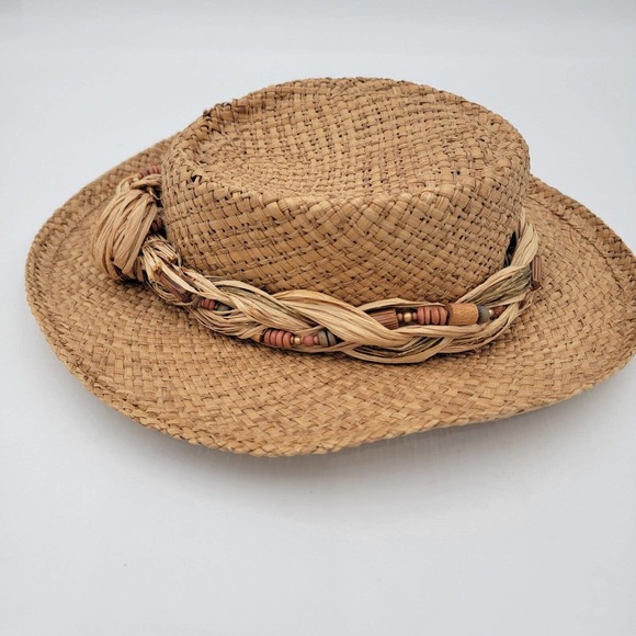 Cappelli Miami Florida Beige Vintage Wooven Straw Paper Sun Beach Hat Beads Knot - Picture 10 of 10